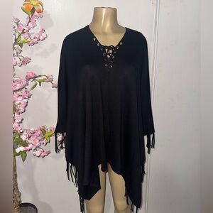 Chico's Black Poncho Fringed Sweater LACE TIE V NECK SIZE OS